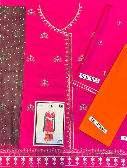 Kids 3PC Embroidered Lawn Dress With Net Dupatta - Unstitched -RC02