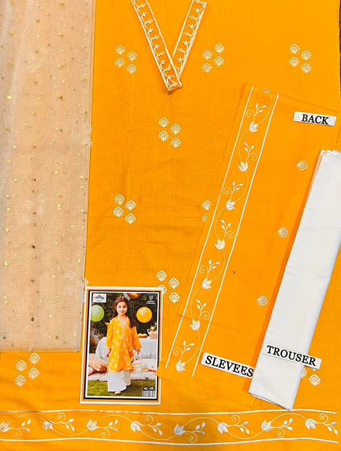 Kids 3PC Embroidered Lawn Dress With Net Dupatta - Unstitched -RC120