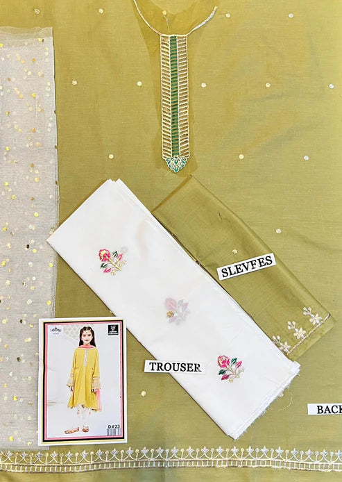 Kids 3PC Embroidered Lawn Dress With Net Dupatta - Unstitched -RC121