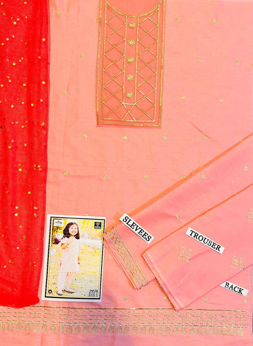 Kids 3PC Embroidered Lawn Dress With Net Dupatta - Unstitched -RC125