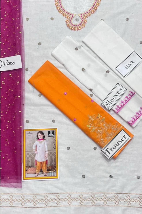 Kids 3PC Embroidered Lawn Dress With Net Dupatta - Unstitched -RC118