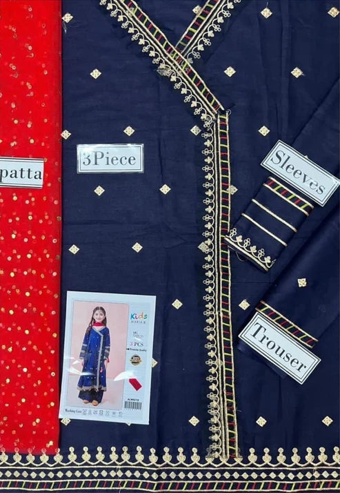 Kids 3PC Embroidered Lawn Dress With Net Dupatta - Unstitched -RC117