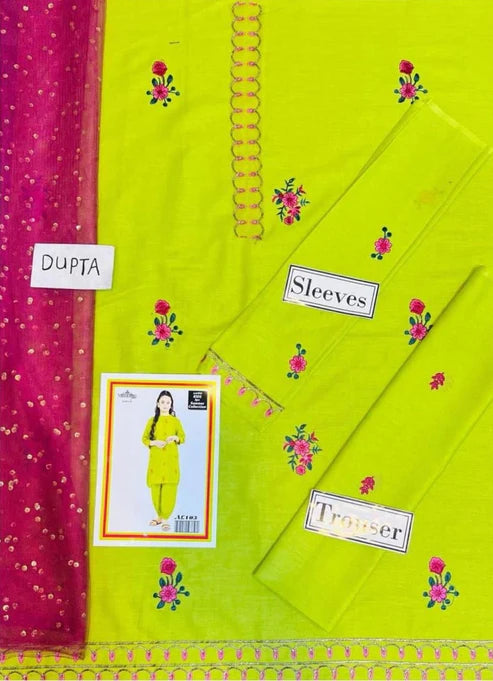 Kids 3PC Embroidered Lawn Dress With Net Dupatta - Unstitched -RC119