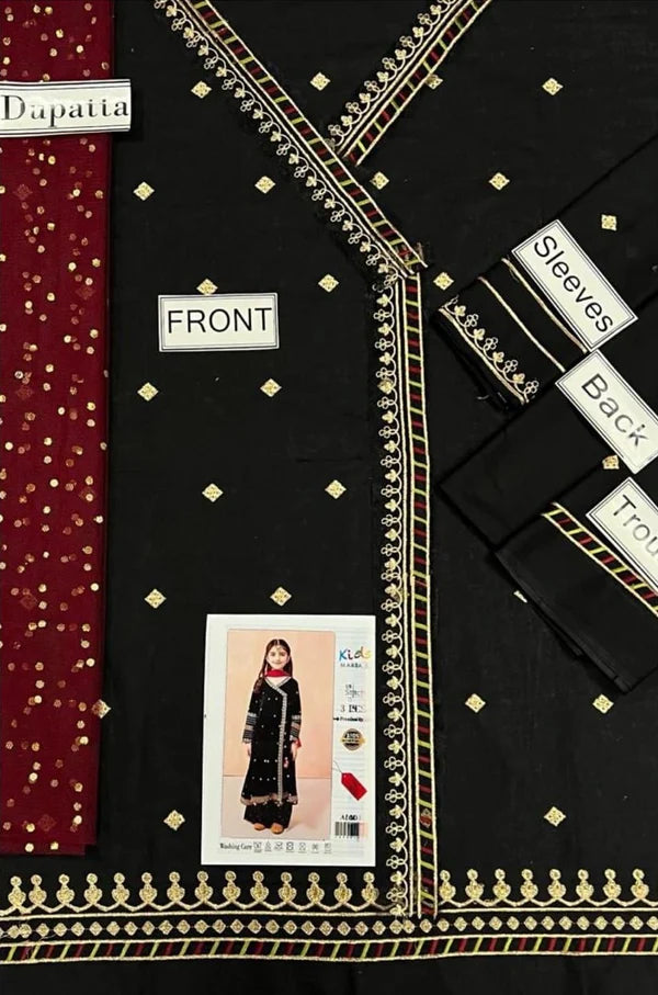 Kids 3PC Embroidered Lawn Dress With Net Dupatta - Unstitched -RC124