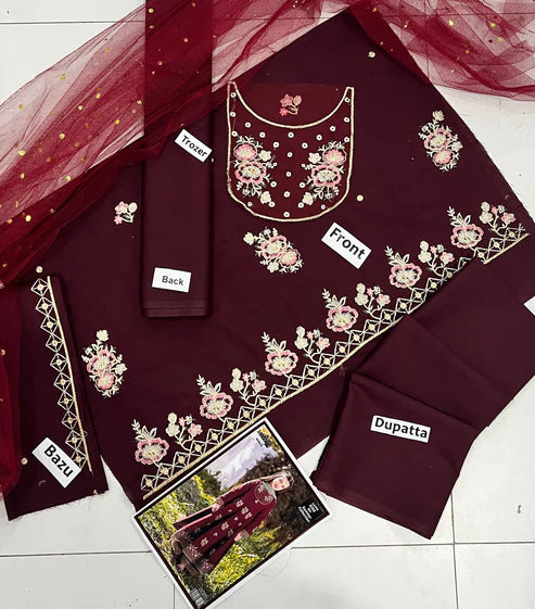 Kids 3PC Embroidered Lawn Dress With Net Dupatta - Unstitched RC501