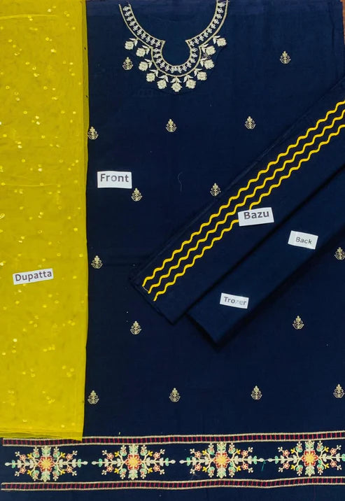 Kids 3PC Embroidered Lawn Dress With Net Dupatta - Unstitched - RC506