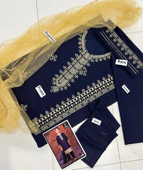 Kids 3PC Embroidered Lawn Dress With Net Dupatta - Unstitched - RC503