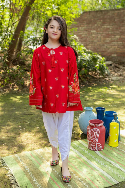 Kids 3PC Embroidered Lawn Dress With Net Dupatta - Unstitched -RC123