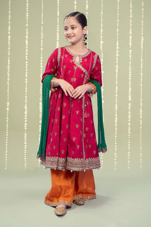 Kids 3PC Embroidered Lawn Dress With Net Dupatta - Unstitched -RC02