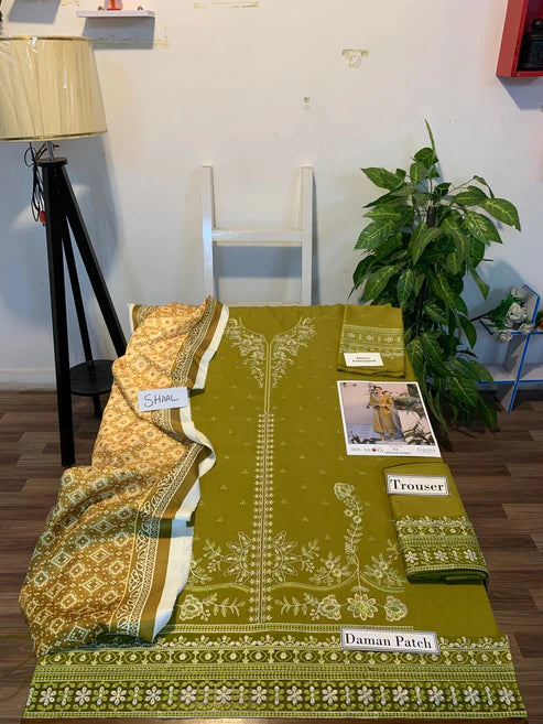 Fully EMB 3PC Dhanak Unstitched Winter Dress With Wool Shawl -KD102