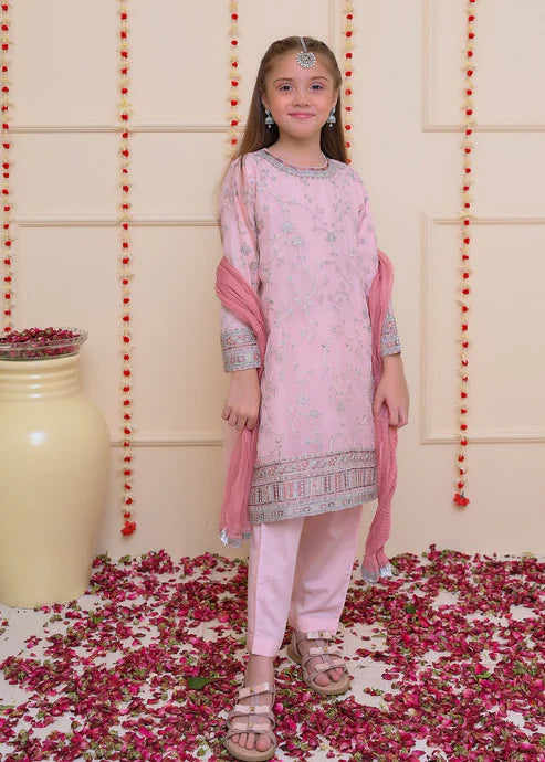 Kids 3PC Embroidered Lawn Dress With Net Dupatta - Unstitched -RC509