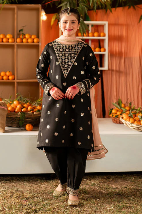 Kids 3PC Embroidered Lawn Dress With Net Dupatta - Unstitched -RC504