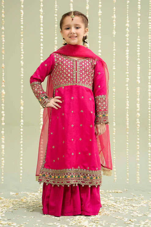 Kids 3PC Embroidered Lawn Dress With Net Dupatta - Unstitched -RC505