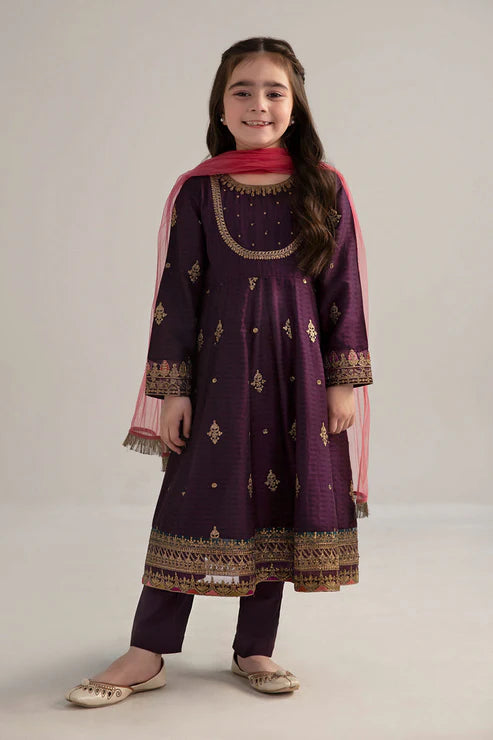 Kids 3PC Embroidered Lawn Dress With Net Dupatta - Unstitched - RC507