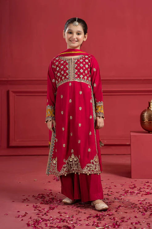 Kids 3PC Embroidered Lawn Dress With Net Dupatta - Unstitched - RC01