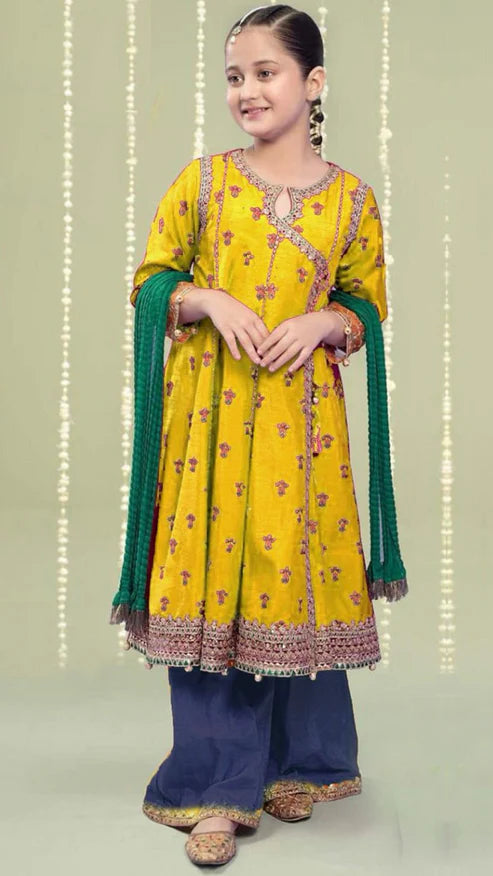 Kids 3PC Embroidered Lawn Dress With Net Dupatta - Unstitched  RC113