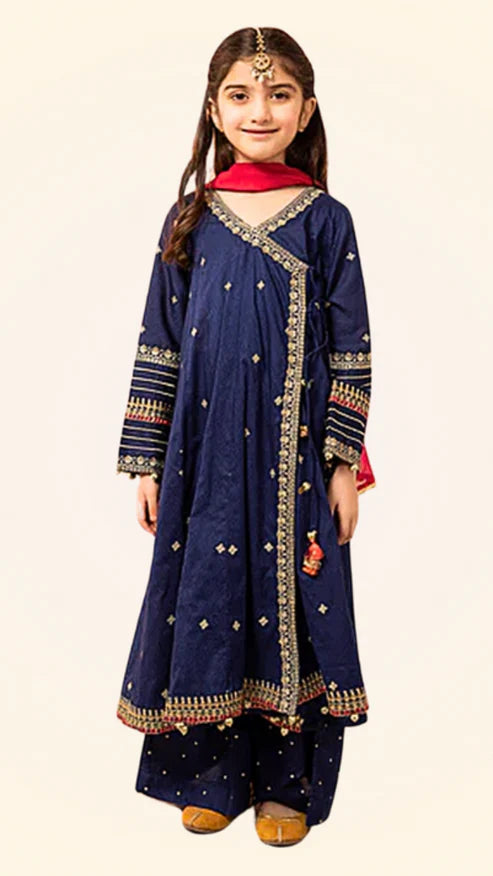 Kids 3PC Embroidered Lawn Dress With Net Dupatta - Unstitched -RC117