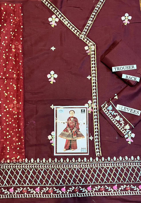 Kids 3PC Embroidered Lawn Dress With Net Dupatta - Unstitched -RC115