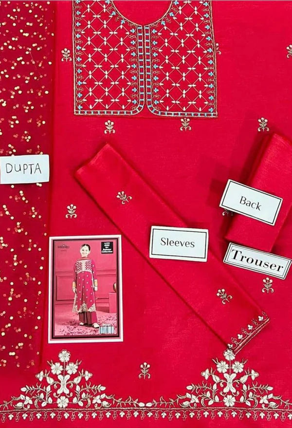 Kids 3PC Embroidered Lawn Dress With Net Dupatta - Unstitched - RC01