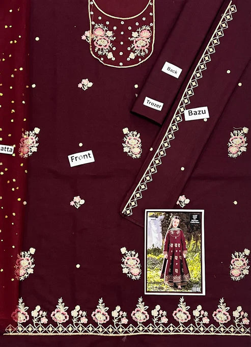 Kids 3PC Embroidered Lawn Dress With Net Dupatta - Unstitched RC501