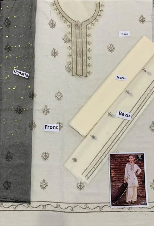 Kids 3PC Embroidered Lawn Dress With Net Dupatta - Unstitched - RC502