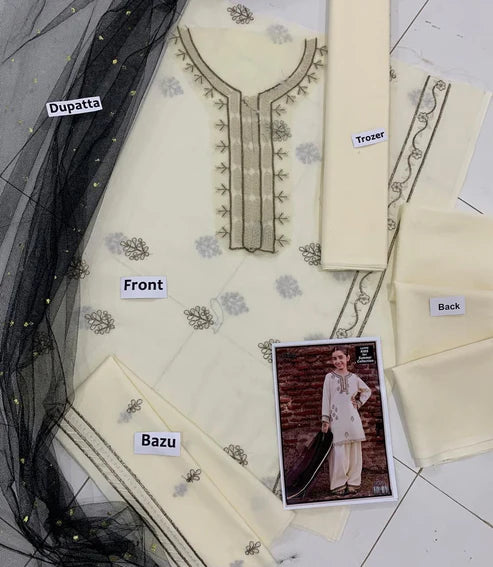 Kids 3PC Embroidered Lawn Dress With Net Dupatta - Unstitched - RC502