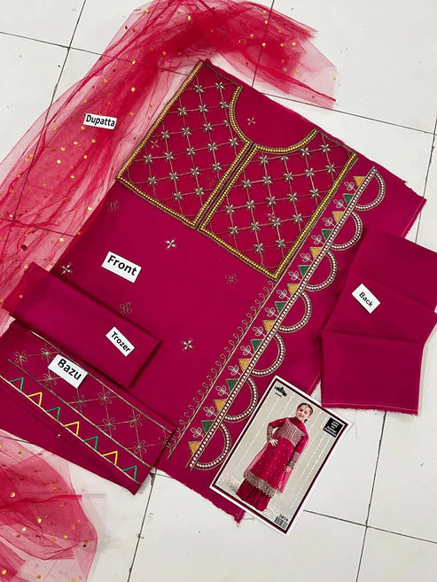Kids 3PC Embroidered Lawn Dress With Net Dupatta - Unstitched -RC505