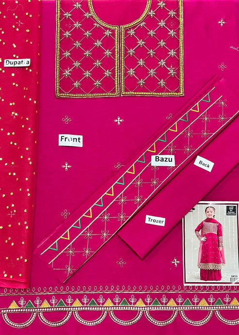 Kids 3PC Embroidered Lawn Dress With Net Dupatta - Unstitched -RC505