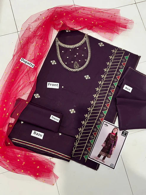 Kids 3PC Embroidered Lawn Dress With Net Dupatta - Unstitched - RC507