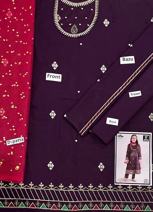 Kids 3PC Embroidered Lawn Dress With Net Dupatta - Unstitched - RC507