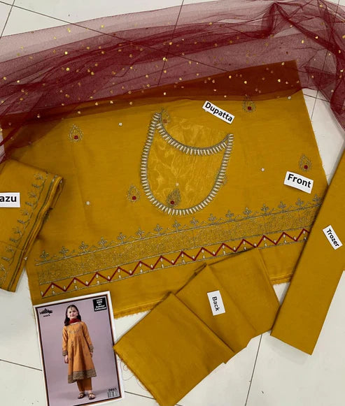 Kids 3PC Embroidered Lawn Dress With Net Dupatta - Unstitched - RC508