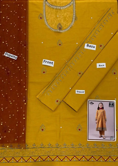 Kids 3PC Embroidered Lawn Dress With Net Dupatta - Unstitched - RC508