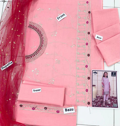 Kids 3PC Embroidered Lawn Dress With Net Dupatta - Unstitched -RC509