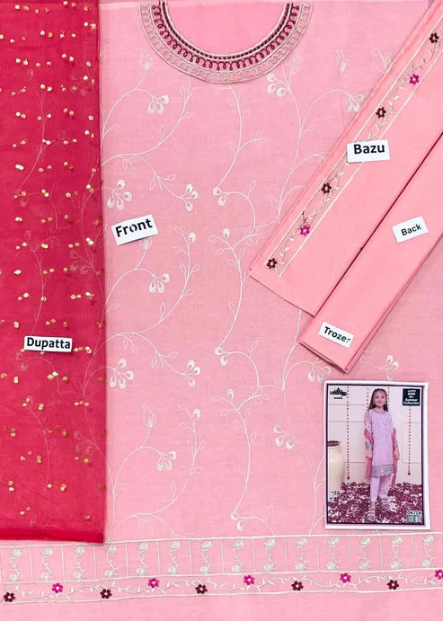 Kids 3PC Embroidered Lawn Dress With Net Dupatta - Unstitched -RC509