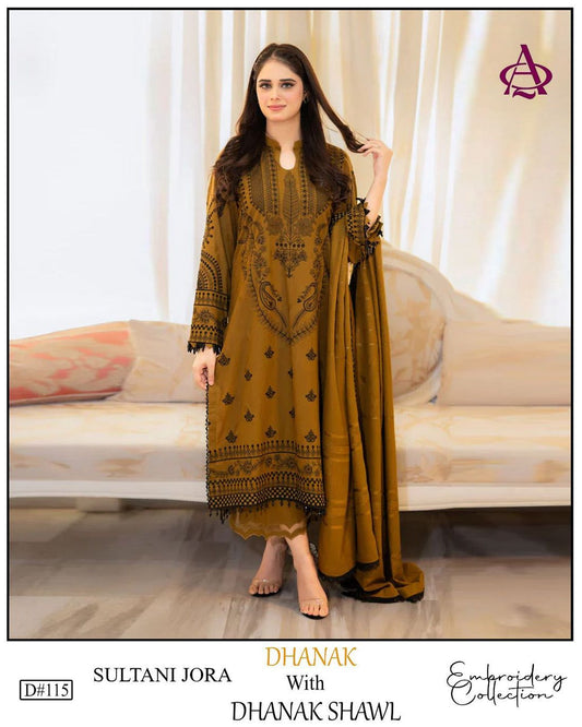 Fully EMB 3PC Dhanak Unstitched Winter Dress With EMB Shawl - RC102