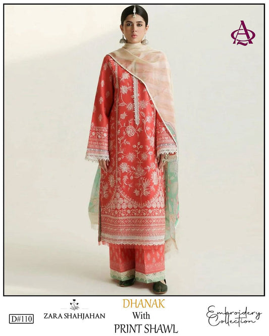 Fully EMB 3PC Dhanak Unstitched Winter Dress With EMB Shawl - RC105