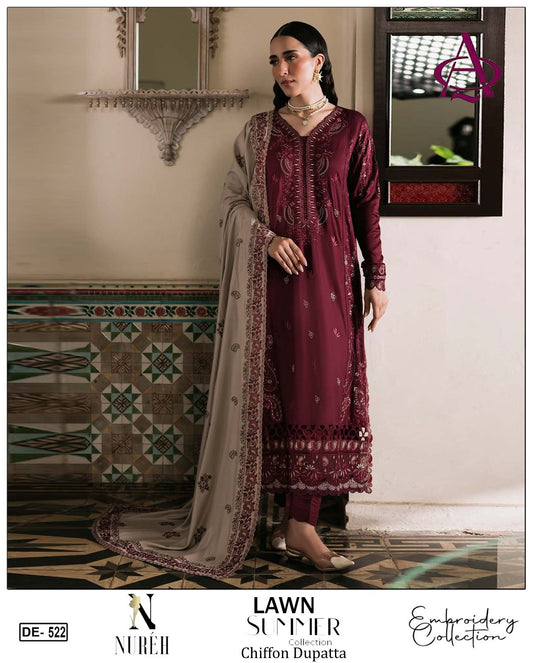 Emb 3PC Lawn Summer Dress With Chiffon EMB Dupatta -DE522