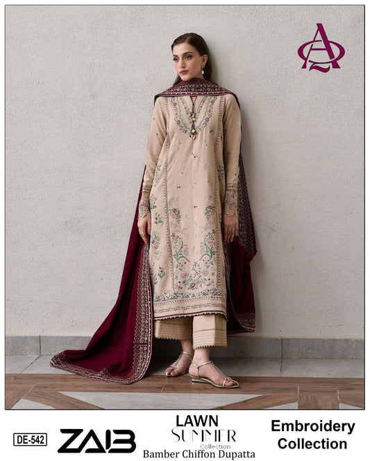 Emb 3PC Lawn Summer Dress With Chiffon EMB Dupatta - DE-542