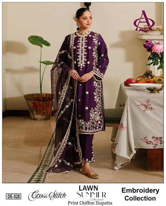 Emb 3PC Lawn Summer Dress With Chiffon EMB Dupatta -DE528