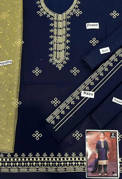 Kids 3PC Embroidered Lawn Dress With Net Dupatta - Unstitched - RC503