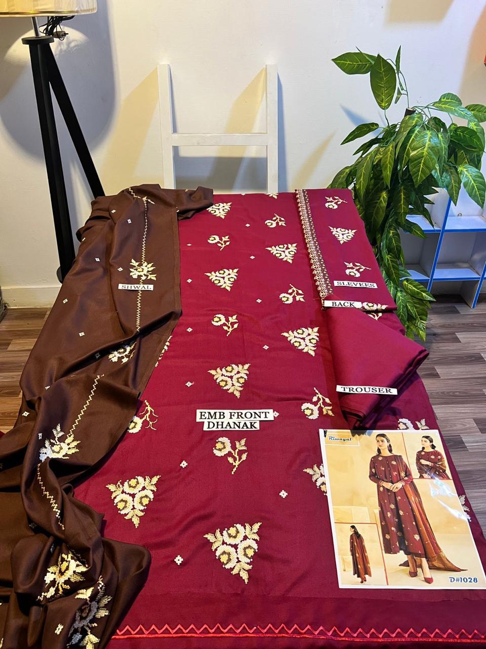 EMB 3PC Dhanak Unstitched Winter Dress With EMB Shawl-KD109