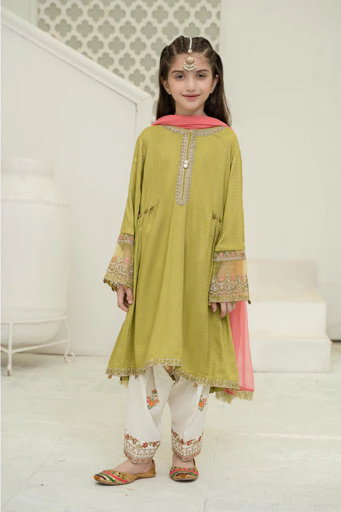 Kids 3PC Embroidered Lawn Dress With Net Dupatta - Unstitched -RC121